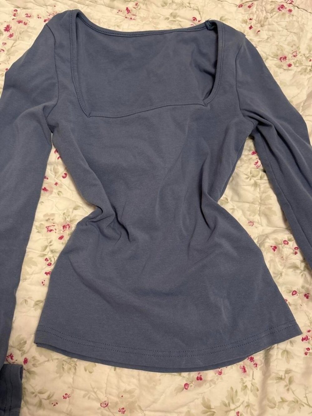 Dusty Blue Square Neck Long Sleeve Top Fitted Stretchy Basic Tee